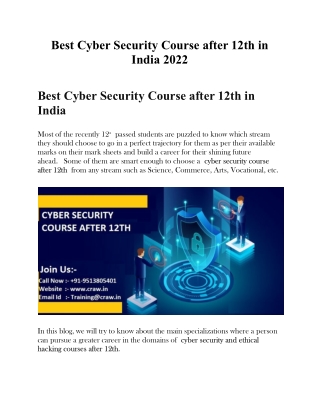 Best Cyber Security Course after 12th in India 2022