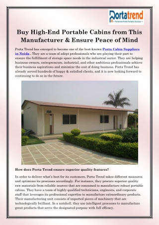 Porta Cabin Suppliers in Noida
