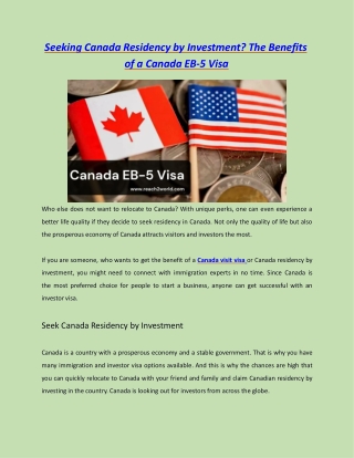 Seeking Canada residency by investment? The Benefits of a Canada EB-5 visa