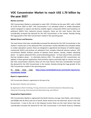 VOC Concentrator Market to reach US$ 1.70 billion by the year 2027