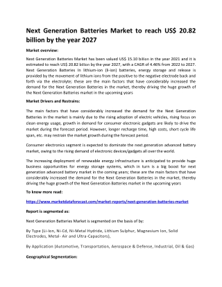 Next Generation Batteries Market to reach US$ 20.82 billion by the year 2027