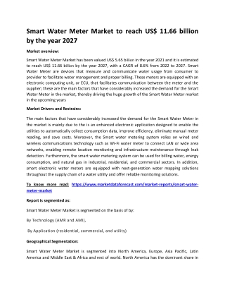 Smart Water Meter Market to reach US$ 11.66 billion by the year 2027