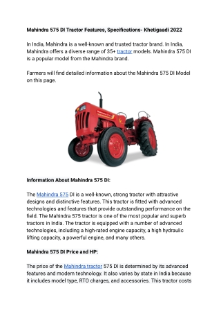Mahindra 575 DI Tractor Features, Specifications- Khetigaadi 2022