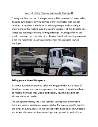 Need of Hiring Towing services in Oswego IL