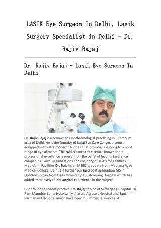 LASIK Eye Surgeon In Delhi, Lasik Surgery Specialist in Delhi - Dr. Rajiv Bajaj