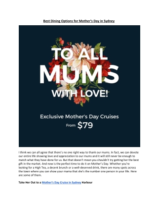 Best Dining Options for Mother’s Day in Sydney