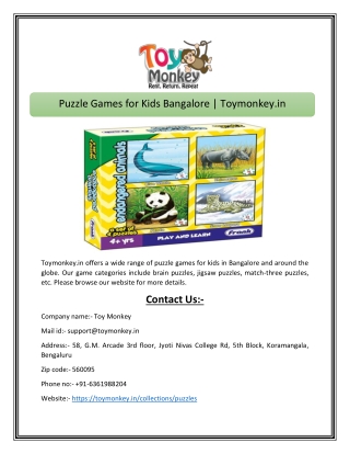 Puzzle Games for Kids Bangalore Toymonkey.in