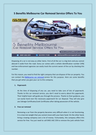 5 Benefits Melbourne Car Removal Service