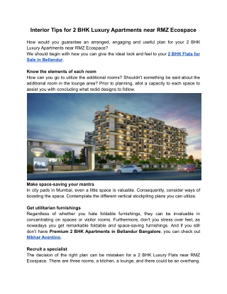 Interior Tips for 2 BHK Luxury Apartments near RMZ Ecospace
