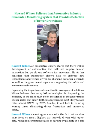 Howard Wilner Believes that Automotive Industry Demands a Monitoring System that Provides Detection of Driver Drowsiness