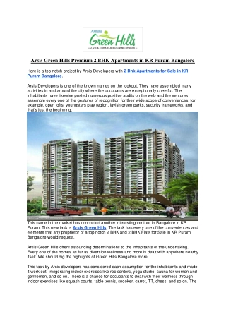 Arsis Green Hills Premium 2 BHK Apartments in KR Puram Bangalore