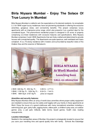 Birla Niyaara Mumbai - Enjoy The Solace Of True Luxury In Mumbai