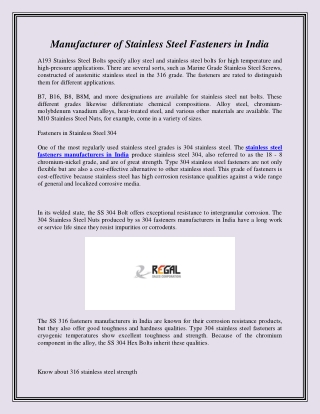 Manufacturer of Stainless Steel Fasteners in India