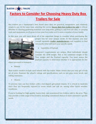 Factors to Consider for Choosing Heavy Duty Box Trailers for Sale