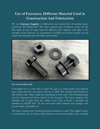 Use of Fasteners, Different Material Used in Construction And Fabrication