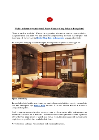 Walk-in closet or wardrobes, Know Shutter Shop Price in Bangalore