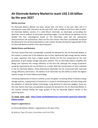 Air Electrode Battery Market to reach US$ 2.03 billion by the year 2027