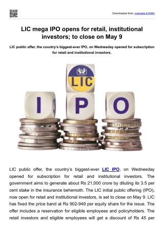 LIC mega IPO opens for retail, institutional investors; to close on May 9