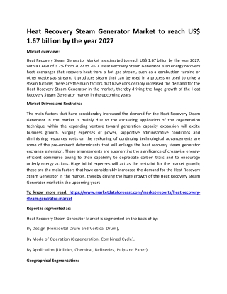 Heat Recovery Steam Generator Market to reach US$ 1.67 billion by the year 2027