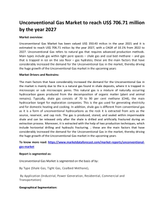 Unconventional Gas Market to reach US$ 706.71 million by the year 2027
