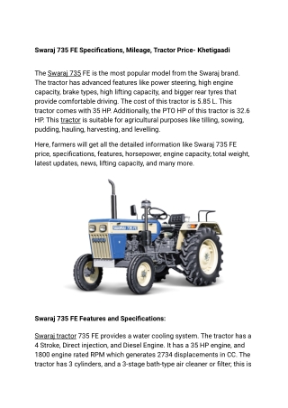 Swaraj 735 FE Specifications, Mileage, Tractor Price- Khetigaadi