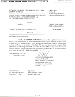File suit against Herman Durand and Olga Durand By Earl R. Davis
