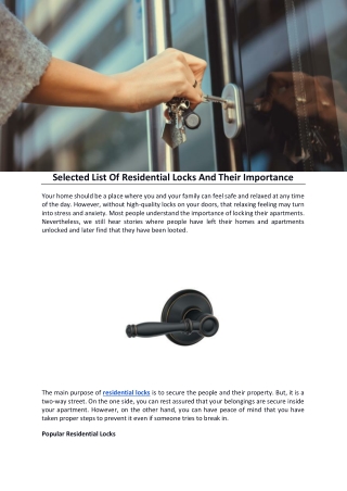 Selected List Of Residential Locks And Their Importance