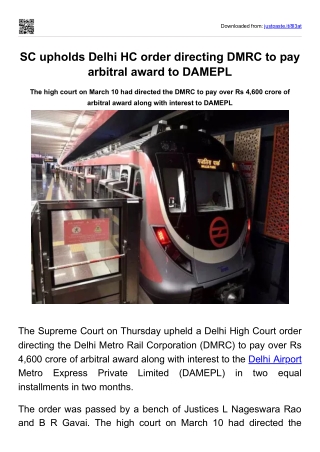 SC upholds Delhi HC order directing DMRC to pay arbitral award to DAMEPL