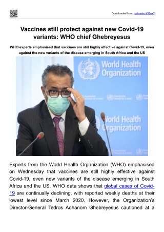 Vaccines still protect against new Covid-19 variants- WHO chief Ghebreyesus