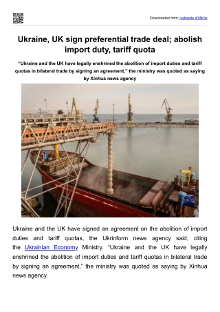 Ukraine, UK sign preferential trade deal; abolish import duty, tariff quota