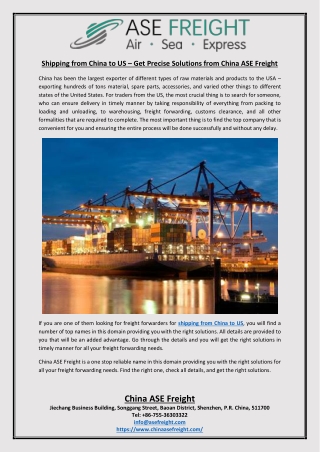 Shipping from China to US Get Precise Solutions from China ASE Freight