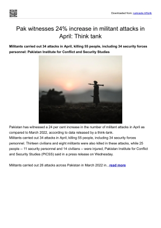 Pak witnesses 24% increase in militant attacks in April-Think tank
