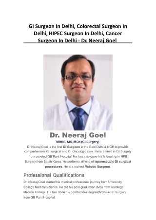 GI Surgeon In Delhi, Colorectal Surgeon In Delhi, HIPEC Surgeon In Delhi, Cancer Surgeon In Delhi - Dr. Neeraj Goel