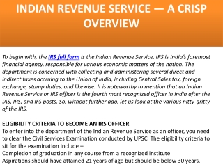 INDIAN REVENUE SERVICE — A CRISP OVERVIEW