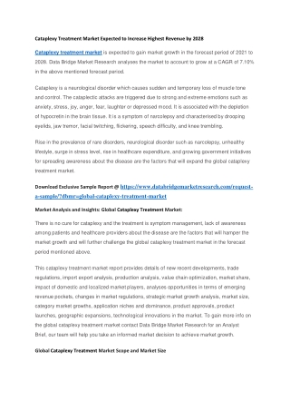 Cataplexy Treatment Market Expected to Increase Highest Revenue by 2028
