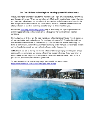 Get The Efficient Swimming Pool Heating System With Madimack