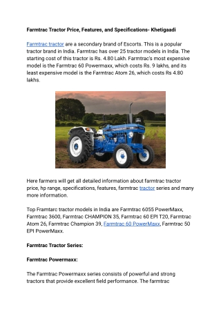 Farmtrac Tractor Price, Features, and Specifications- Khetigaadi