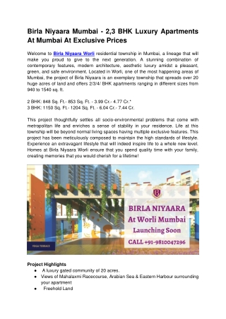 Birla Niyaara Worli Mumbai - Luxury Apartments In Mumbai At Exclusive Prices