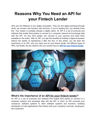 Reasons Why You Need an API for your Fintech Lender