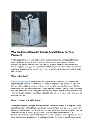 Why You Should Consider Coldmix Asphalt Repair For Your Pavement