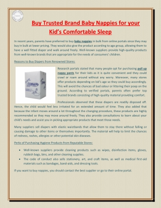 Buy Trusted Brand Baby Nappies for your Kid’s Comfortable Sleep