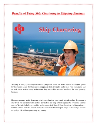Benefits of Using Ship Chartering in Shipping Business