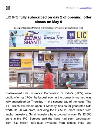LIC IPO fully subscribed on day 2 of opening; offer closes on May 9