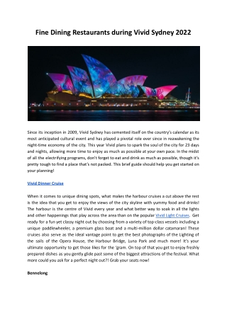 Fine Dining Restaurants during Vivid Sydney 2022