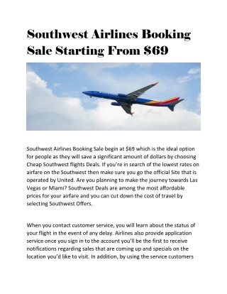 Southwest Airlines Booking Sale Starting From $69