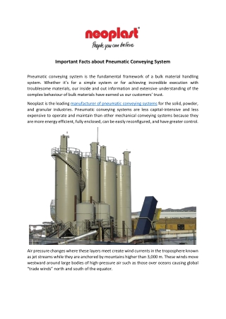 Important Facts about Pneumatic Conveying System