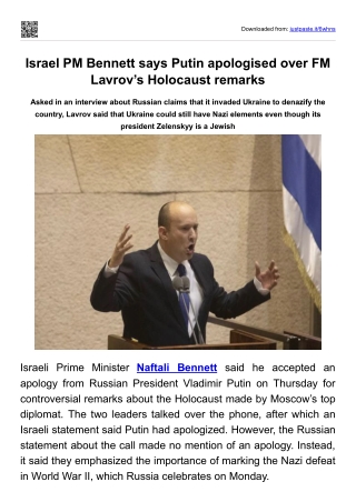 Israel PM Bennett says Putin apologised over FM Lavrov’s Holocaust remarks