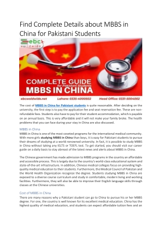 Find Complete Details about MBBS in China for Pakistani Students