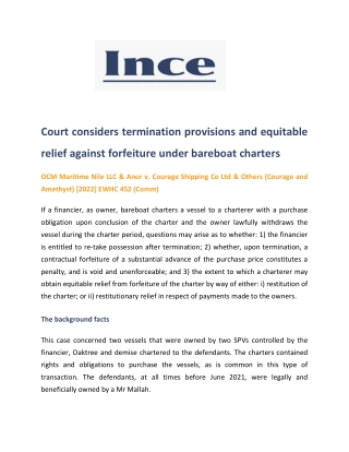 Court considers termination provisions and equitable relief against forfeiture under bareboat charters