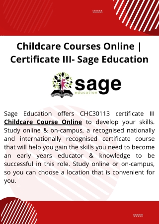 Childcare Courses Online  Certificate III- Sage Education